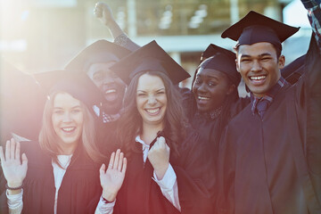 Sticker - Students, graduation and portrait with friends, excited and smile for cheers, solidarity or together at college. People, group and diversity with celebration, success or goals at university in Canada