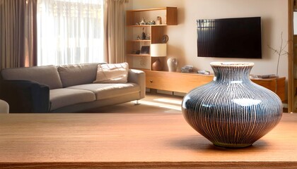 A sleek ceramic vase, featuring a textured brown finish, sits prominently on a wooden table in a modern living room, bathed in natural sunlight. 2