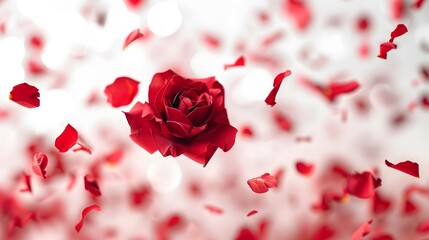 Wall Mural - Red rose with scattered petals in a soft white background.