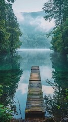 Wall Mural - A wooden bridge spans a body of water, with trees in the background