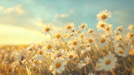 Wall Mural - Generative AI Image of Shooting Beautiful Fertile Daisy Flower Field Garden with Sunlight Wallpaper