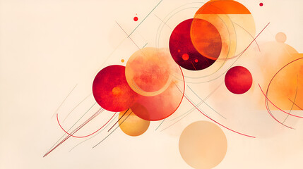 Wall Mural - Abstract artwork with red and orange circles intersecting lines and soft beige background creating a dynamic yet balanced composition Ai generative