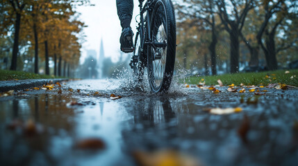 Bicycle wheel splashing through water puddle on a rainy autumn day, capturing motion and adventure in an urban park setting