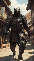 A samurai wearing menacing armor made from oni material, with a helmet, walking through an Edo period town during bright daylight