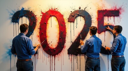 Artists creating vibrant mural with bold numbers for 2025