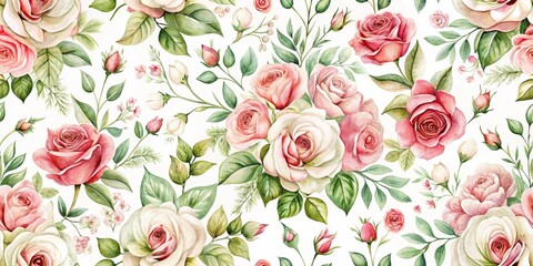 Poster - Watercolor Floral Seamless Pattern with Pink and White Roses, Green Leaves, and Buds, Watercolor, Seamless Pattern, Flowers, Roses