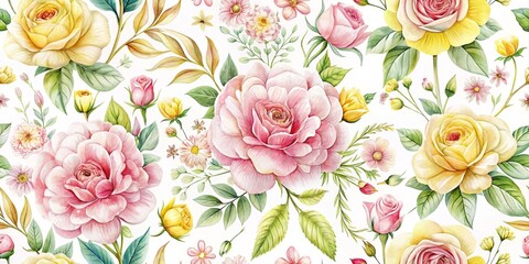 Poster - Watercolor Floral Seamless Pattern with Pink and Yellow Roses, Green Leaves and Buds, White Background, Seamless Pattern, Watercolor Roses, Floral Design