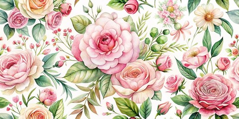 Poster - Watercolor Floral Seamless Pattern with Roses and Delicate Flowers on White Background, botanical, floral, seamless pattern