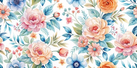 Wall Mural - Watercolor Floral Seamless Pattern, featuring a vibrant and colorful composition of roses, blue flowers, and lush foliage, creating a delicate and romantic atmosphere