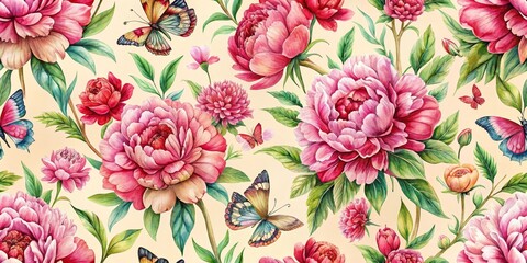 Poster - Watercolor Peony and Butterfly Seamless Pattern A Romantic Floral Design on a Light Cream Background, peonies, butterfly, floral, seamless pattern