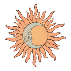 Wall Mural - mystical sky sign of moon and sun with face, solar eclipse, vector esoteric zodiac poster, horoscope