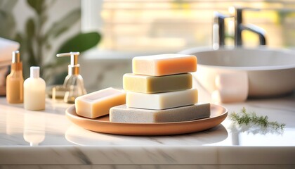 A collection of handcrafted, natural soap bars in various colors, stacked on a wooden tray in a spa-like bathroom setting. 2