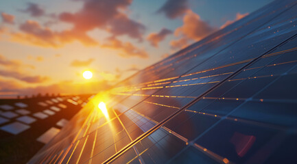 sun over solar panels, solar power plant, solar panels on the roof, Close up of solar panels on roof with a beautiful sunset sky in the background, technology