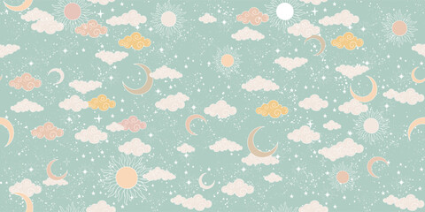 Wall Mural - Seamless celestial pattern with sun, moon, stars and clouds. Cute background for a card in pastel colors, ornament for paper, fabric, wallpaper. Vector illustration.