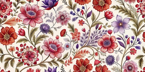 Wall Mural - Whimsical Watercolor Floral Pattern A Delicate Tapestry of Red, Pink, and Purple Blossoms, Floral Pattern, Watercolor Painting, Nature Art