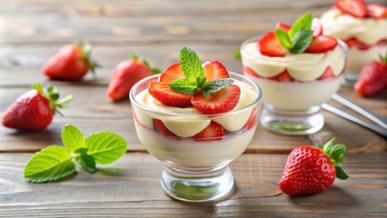 Wall Mural - Creamy vanilla dessert with fresh strawberries , vanilla, cream, dessert, strawberries, fresh, sweet, tasty, indulgent, fruit