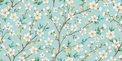 Poster - White Floral Branches on Blue Background, Digital Painting, Seamless Pattern, Floral, Springtime, Nature , white flowers