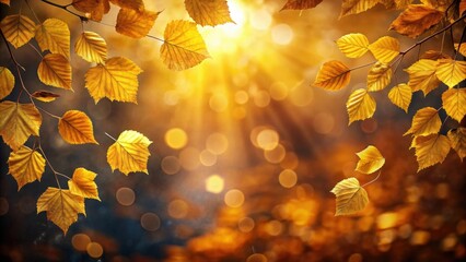 Wall Mural - Blurred autumn background with yellow-gold leaves in sunlight on dark natural backdrop, autumn, background, blurred, yellow