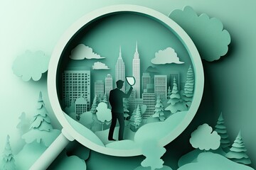 Business Analysis and Market Research Concept in Paper Cut Style - Businessman with Giant Magnifying Glass Examining Cityscape