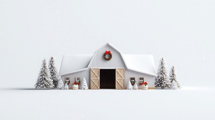 A cozy winter barn adorned with festive decorations, surrounded by frosty trees and a serene snowy landscape.