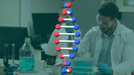 Canvas Print - Animation of dna strand over diverse scientists working in lab