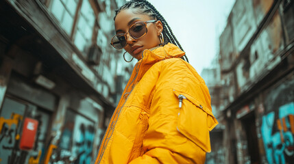 A confident individual wearing a bright yellow jacket showcases street fashion in an urban setting filled with graffiti.