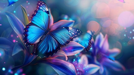 Wall Mural - (3d blue butterfly with delicate wings perched on purple and blue flower, surrounded by floral background, captivating butterfly wallpaper design with realistic details, perfect for nature-themed deco