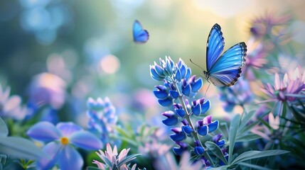 Wall Mural - (3d blue butterfly with delicate wings perched on purple and blue flower, surrounded by floral background, captivating butterfly wallpaper design with realistic details, perfect for nature-themed deco