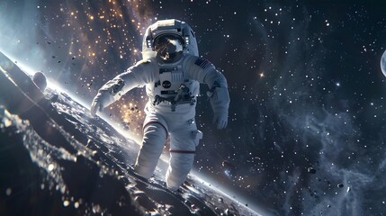 Wall Mural - astronaut walking on a moon-like surface with a starry sky in the background.