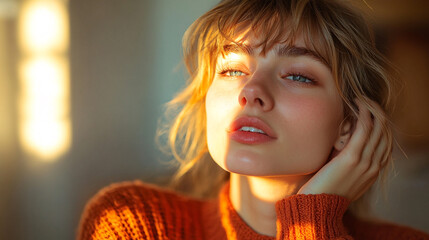 A serene portrait of a woman in warm light, showcasing natural beauty and stylish fashion with soft hair and a cozy sweater.