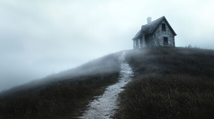 Ghostly house on a hill with a foggy path leading to an empty text area.