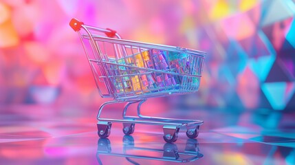 A shopping cart filled with colorful items glows under neon lights, representing modern consumerism and vibrant retail experiences.