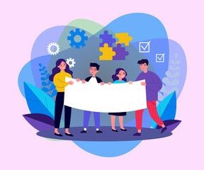 Wall Mural - Young people with advertising poster. Students standing together and holding blank banner flat vector illustration. Holiday and event concept for banner, website design or landing web page