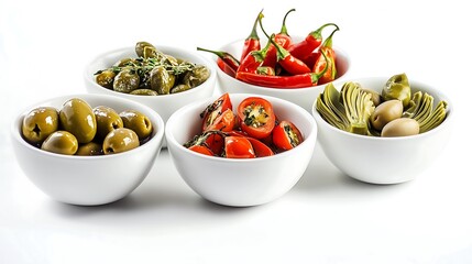 Variety of olives and roasted peppers in white bowls