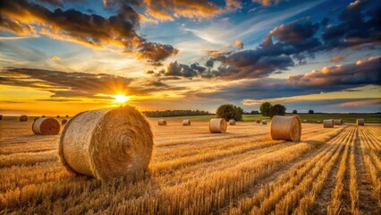 Wall Mural - Hay bales in a field illuminated by the warm light of sunset, Hay, bales, field, farm, agriculture, rural, landscape