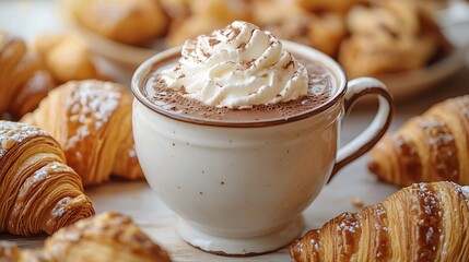 A close-up of a vintage French cup filled with decadent hot chocolate, whipped cream on the side, placed on a Parisian café table surrounded by croissants and delicate pastries. Warm,