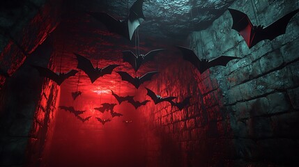 A dark, stone-walled room with paper bats suspended from the ceiling, glowing under deep red lighting. The bats' shadows stretch across the walls, enhancing the eerie, vampire lair feel.