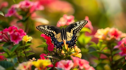 Wall Mural - Colorful butterflies fluttering over vibrant flowers with a natural background – beautiful butterfly and flower wallpaper, perfect for nature-inspired decor and designs