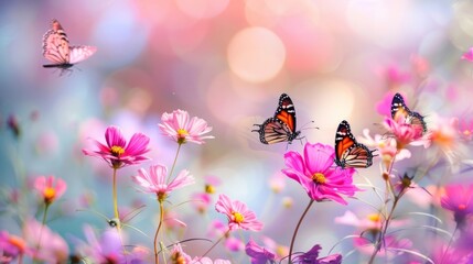 Wall Mural - Colorful butterflies fluttering over vibrant flowers with a natural background – beautiful butterfly and flower wallpaper, perfect for nature-inspired decor and designs