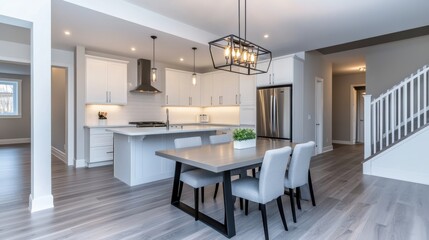 Poster - A kitchen and dining room with white cabinets, gray flooring, AI