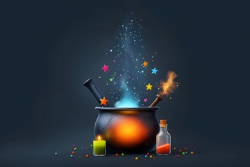 A mystical cauldron bubbling with colorful magic, surrounded by candles, potions, and sparkling stars in a dark setting.