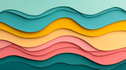 Sticker - Abstract background with layered colored paper textures in shades of teal coral and mustard featuring minimal geometric shapes and lines 