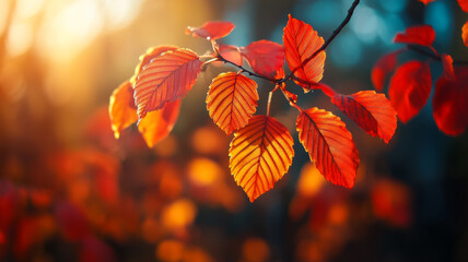 Poster - Autumn leaves in shades of red and gold illuminated by bright sunlight with blurred woods 