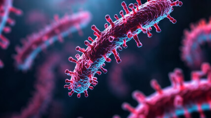 Chains of bacteria glowing in vibrant blues and reds under microscopic examination on a dark backdrop 