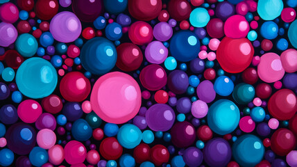 Wall Mural - Bright and bold paint bubbles in shades of magenta cyan and lime with splatters on a dark background 