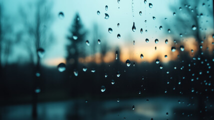 Poster - Drops of water creating patterns on a window with the silhouette of trees in the background 