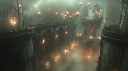 A grand, medieval-style hall with floating candles hovering above, their warm light flickering and casting shadows on the stone architecture. The foggy air below adds a sense of mystery,