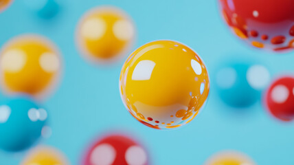 Wall Mural - Macro shot of yellow red and blue paint bubbles with a soft blurred gradient background 