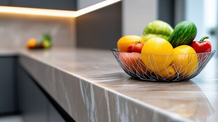 A bowl of fruit on a counter top with some vegetables, AI