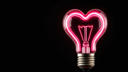 Canvas Print - Neon light bulb with a heart shaped filament glowing against a black background 